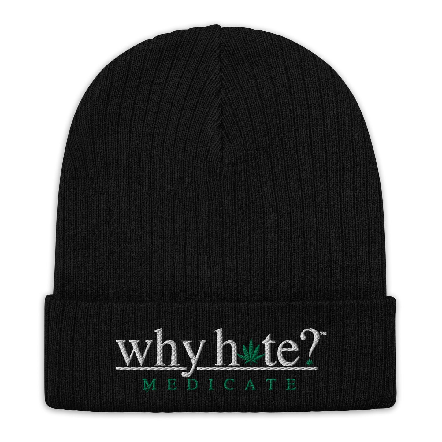 why hate? (Medicate) Black Ribbed Knit Beanie